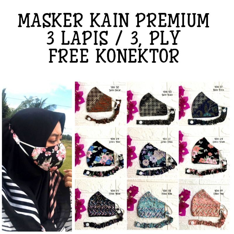 MASKER KAIN 3 LAPIS HIJAB MOTIF Bonus Konektor Model Duckbill