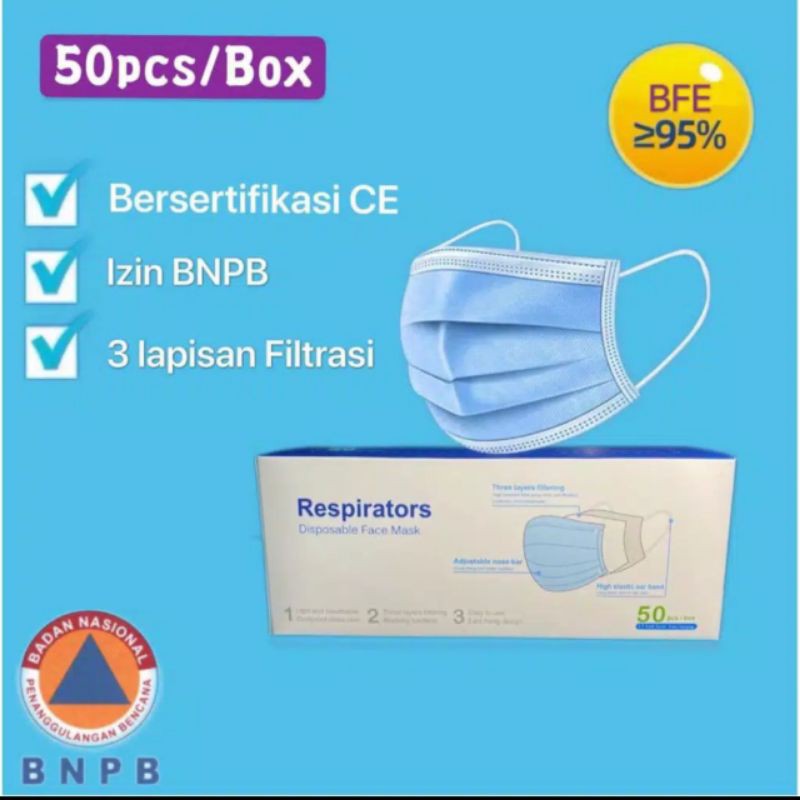 Masker 3 Ply Masker Earloop 1 Box 50Pcs Face Mask Disposable Mask Murah Premium Higienis