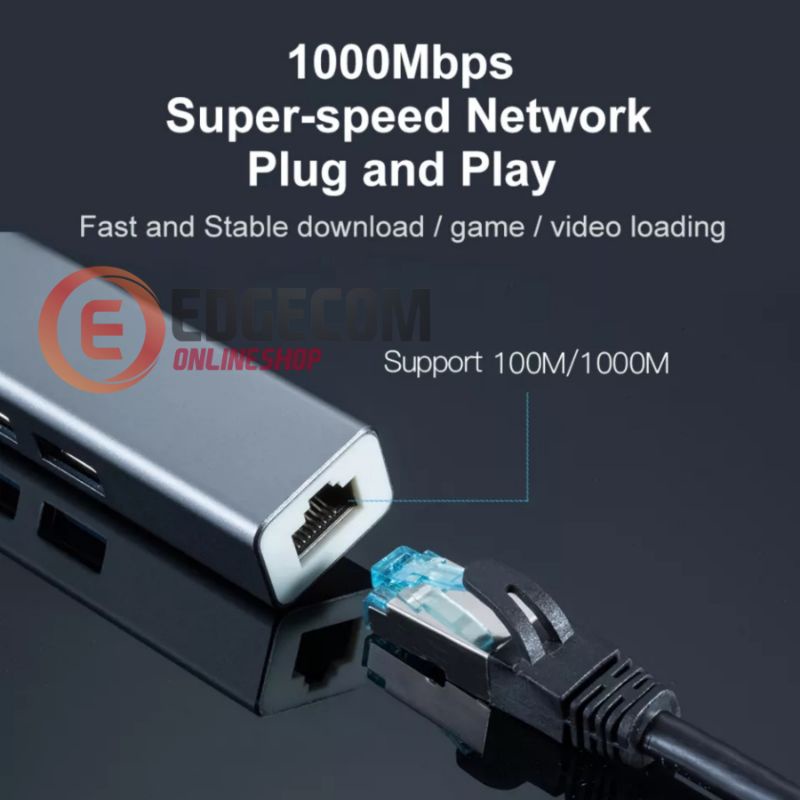 USB 3.1 TYPE C to 3 Port USB 3.0 HUB + Ethernet Lan Adapter 10/100Mbps NETLINE