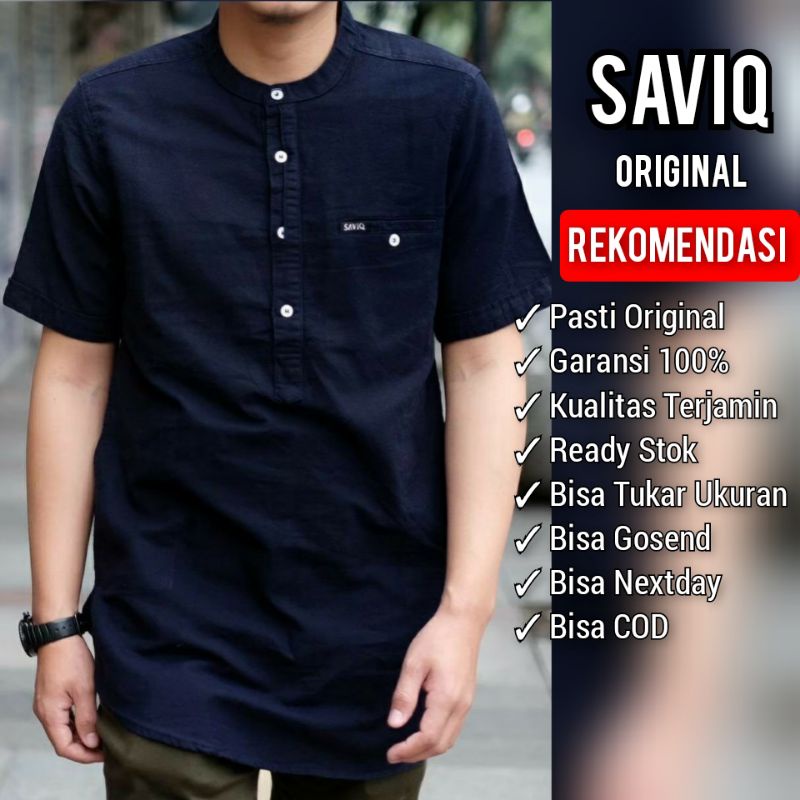 SAVIQ kurta lengan pendek baju muslim linen pria koko pakistan Biru Donker kode KQS3003