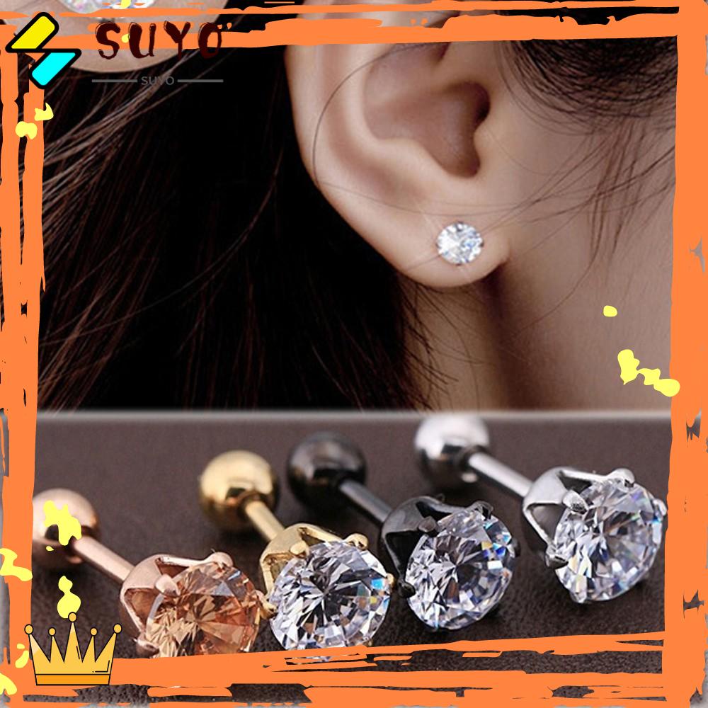 1pc Anting Stud Cubic Zirconia Empat Cakar Bahan Titanium Steel Multicolor Untuk Unisex