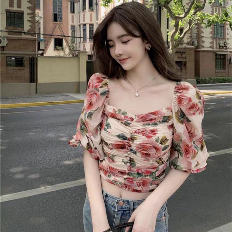 6692 Baju blouse blouscrop lengan balon puff leher kotak motif bunga sifon import wanita terbaru Baj