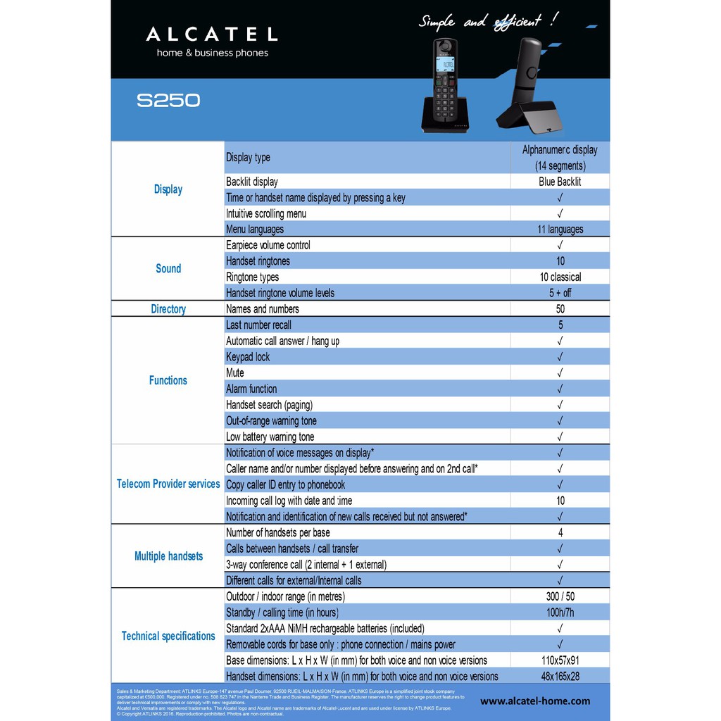 Alcatel S250 Cordless Dect Phone Home