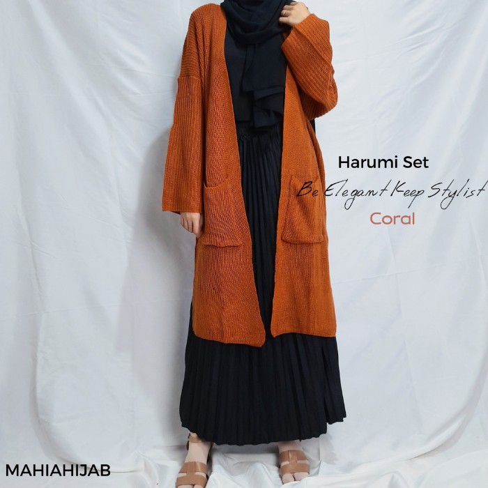 Harumi one set Long Cardi Rajut + Rok Plisket KOREAN STYLE paket hemat OOTD HIJAB, SETELAN LENGKAP