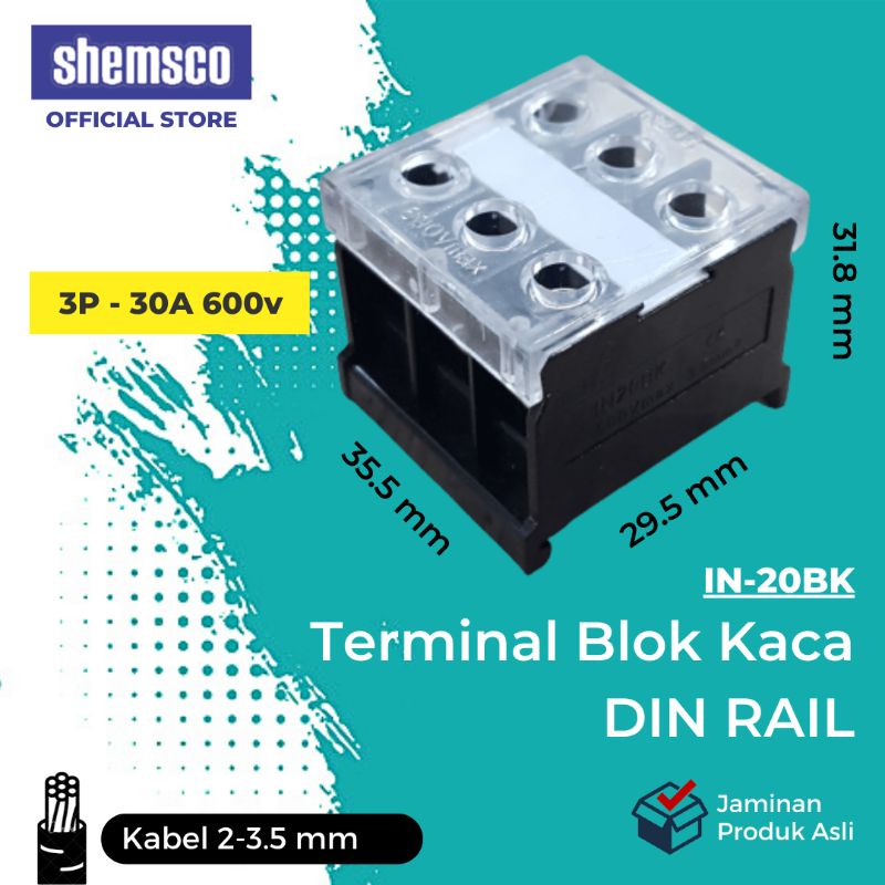 3P 30A 600v Terminal Blok Kaca IN-20-BK Block Din Rail Shemsco IN-20BK