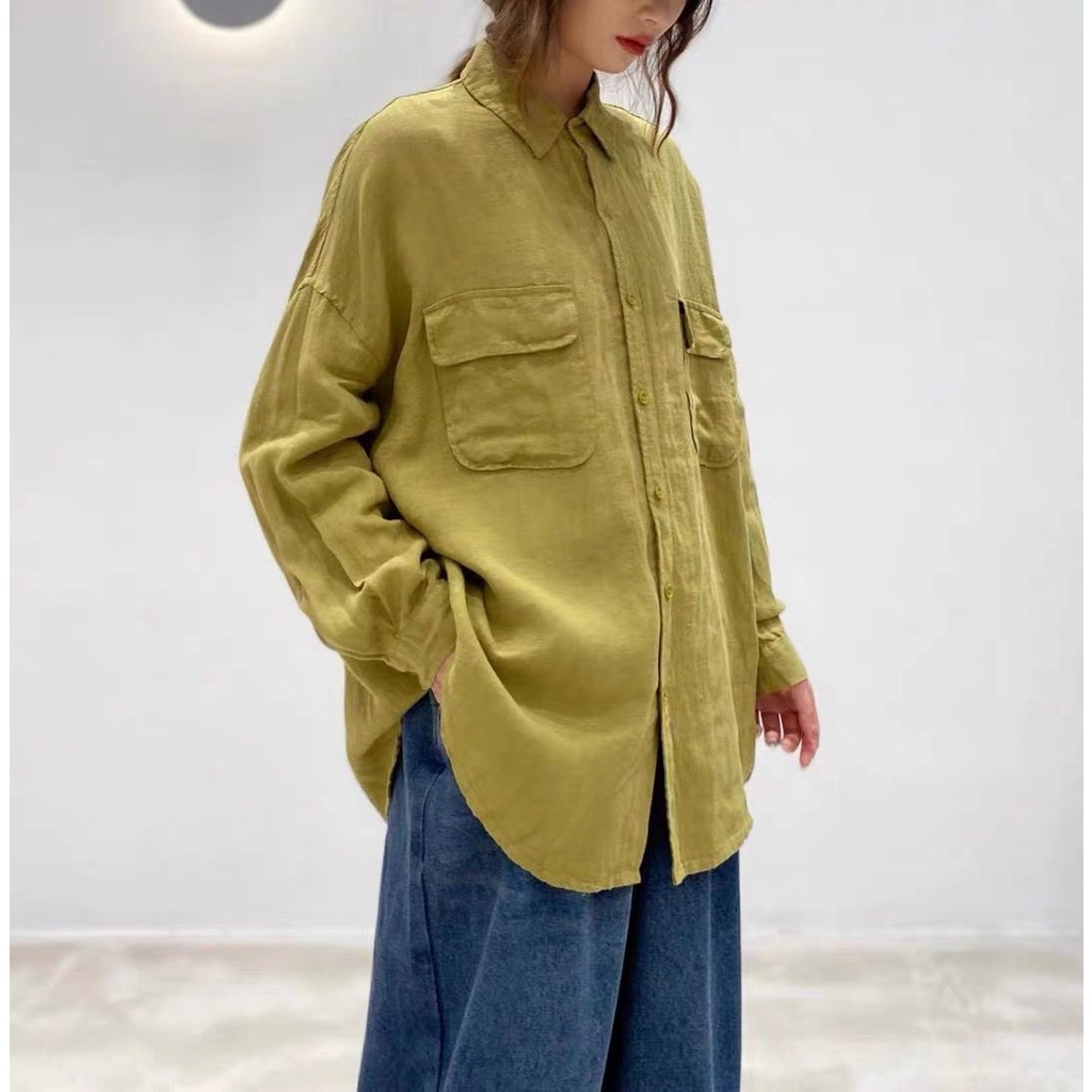 Kemeja Linen Oversize Wanita Pocket / Atasan Cewek Korea Terbaru  92