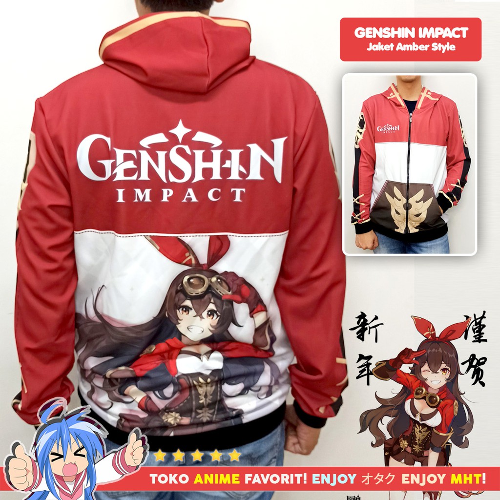 Jaket Hoodie Anime Game Full Print Genshin Impact Amber Style