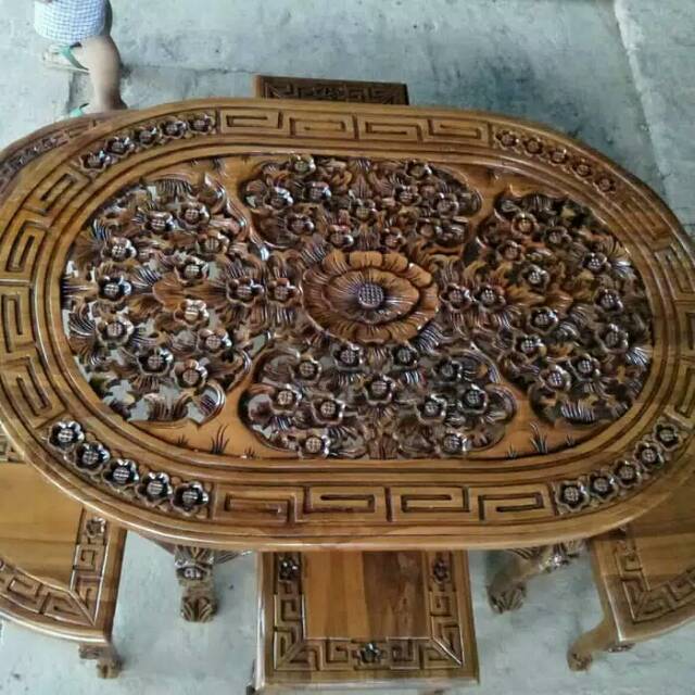 Meja oshin + KACA meja tamu makan oval kayu jati furniture jepara