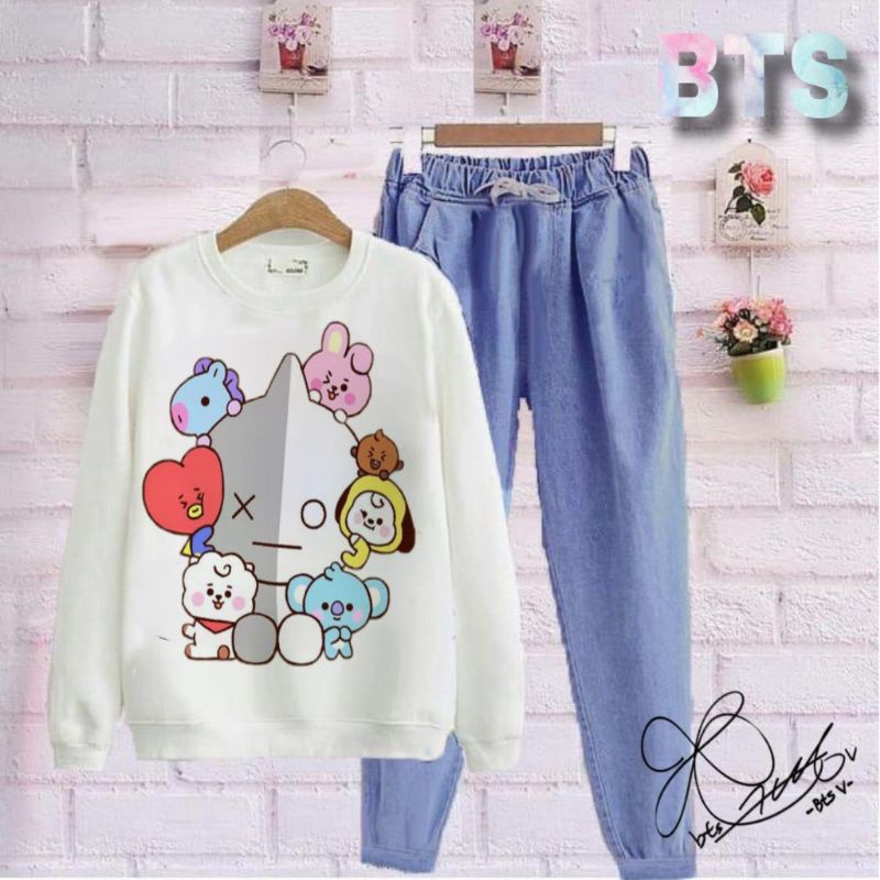 set denim BTS/baju harian wanita kekinian/setelan remaja muslim/baju santai ABG/pakaian jalan