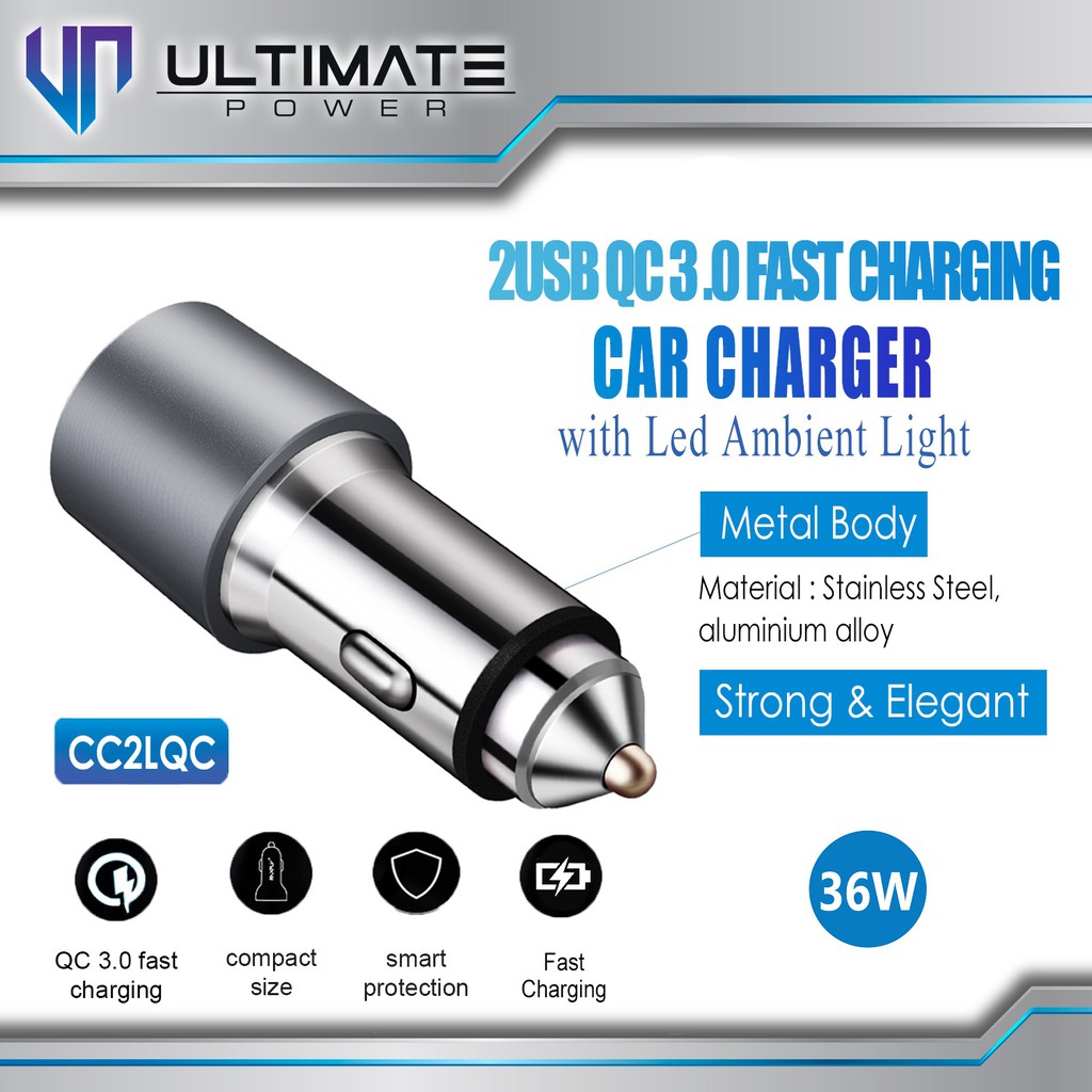 Ultimate Power PD+QC Fast Charging Car Charger with LED Ambient Light original100%asli