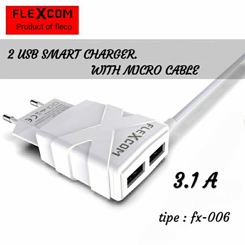 PROMO CHARGER FLEXCOM FX006 ORIGINAL 2USB PLUS KABEL MICRO COMPATIBLE FOR ALL SMARTPHONE BY FLECO