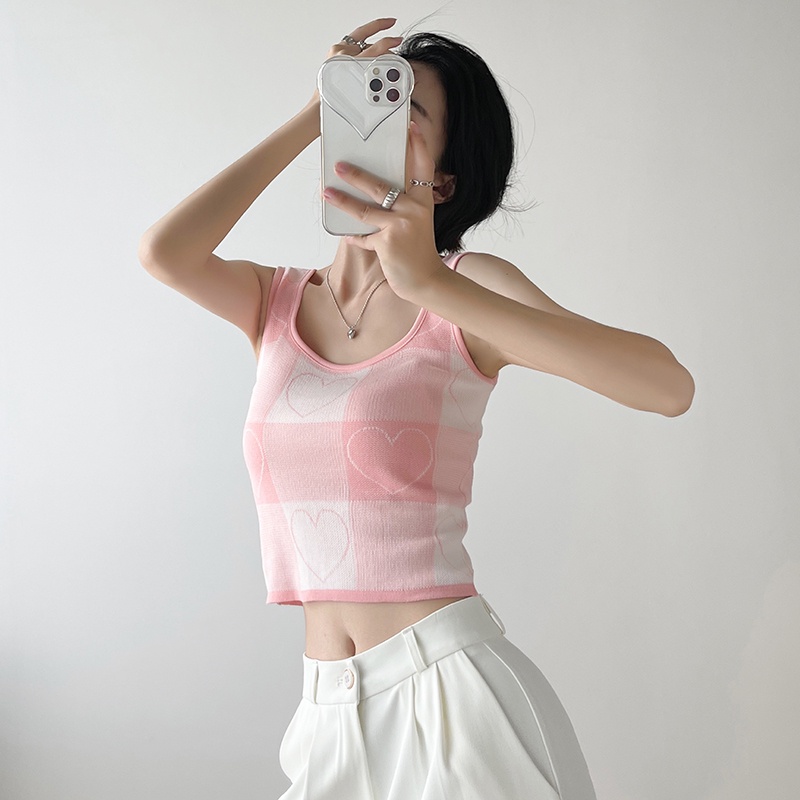 【Elegant】Checkered sleeveless Knit Crop Top 7486