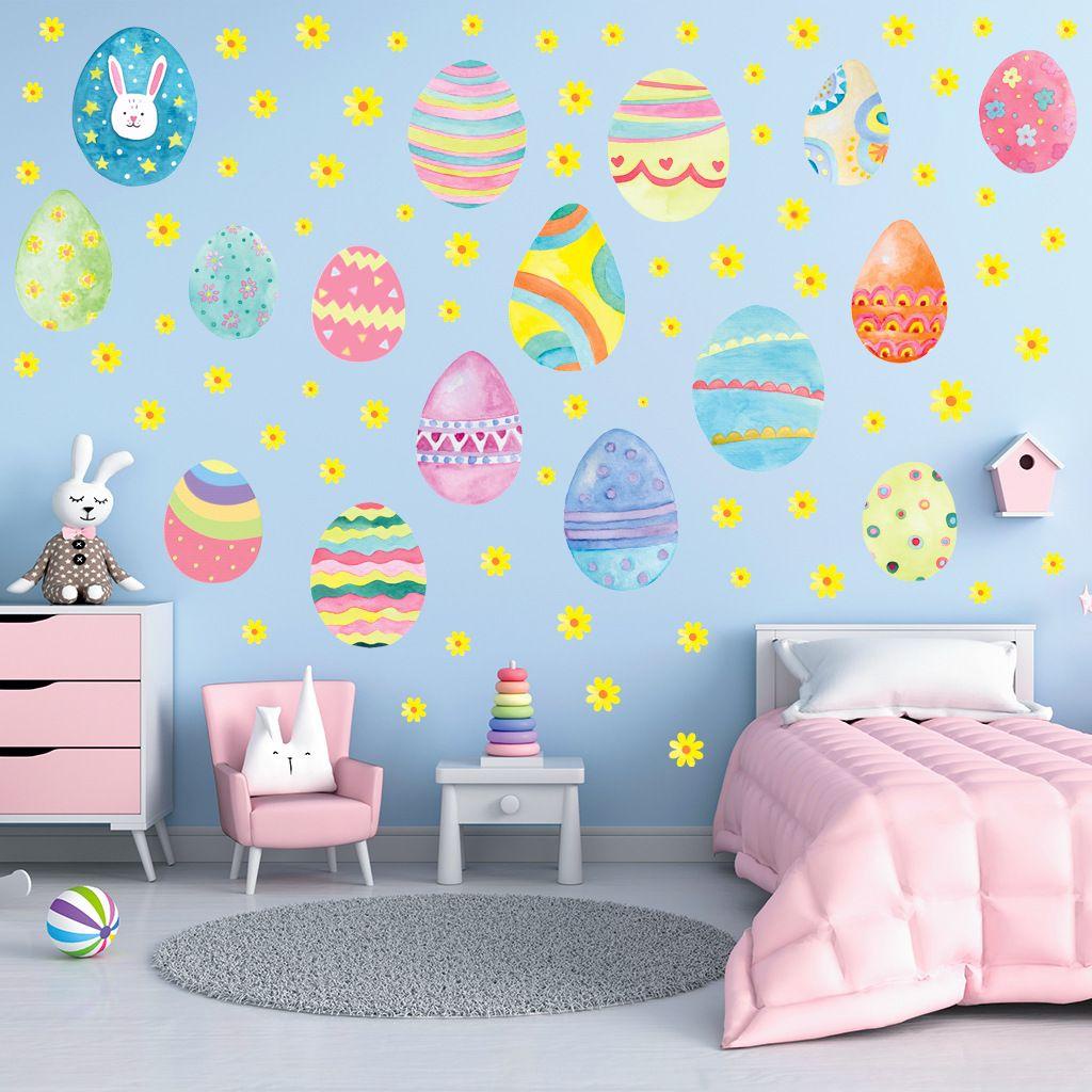 Solighter 4pcs/set Paskah Stiker Dinding Telur Kelinci Kamar Anak Dekorasi Rumah Paskah Dekorasi Pintu Mural