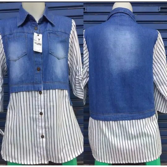 Kemeja Wanita Jeans Kombinasi Salur
