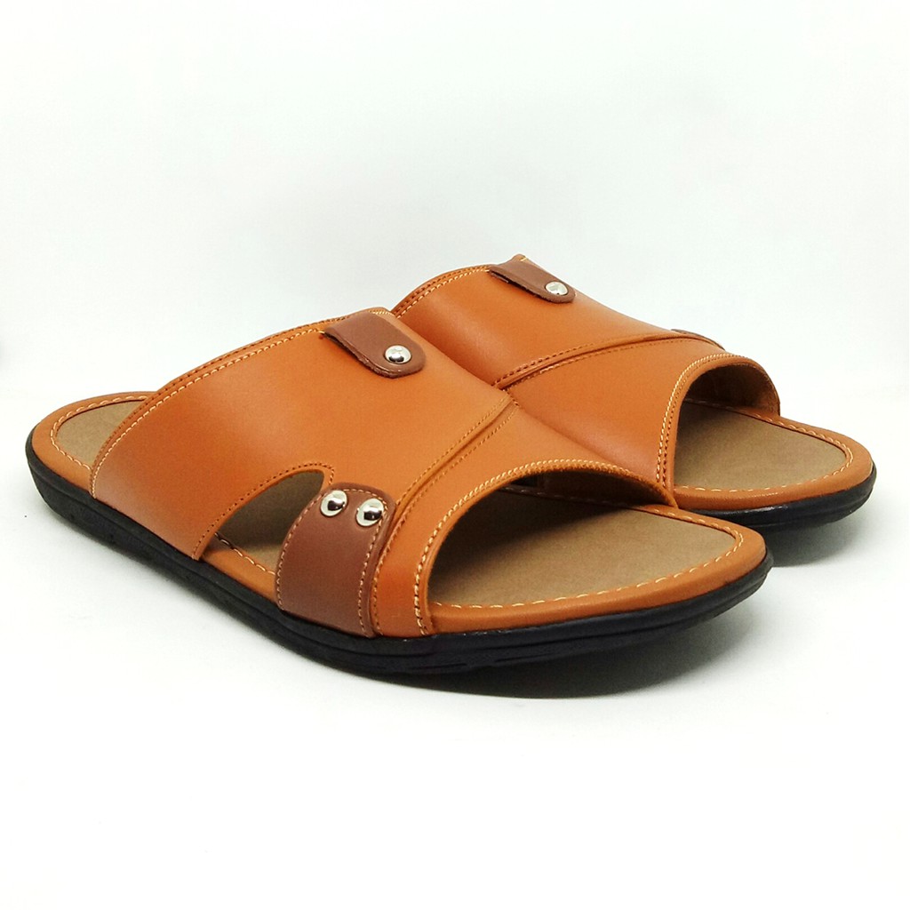 FIURI - Sandal Single Slip On Tan - Sandal Murah Pria - Sandal Casual Pria - Sandal Pria Kulit