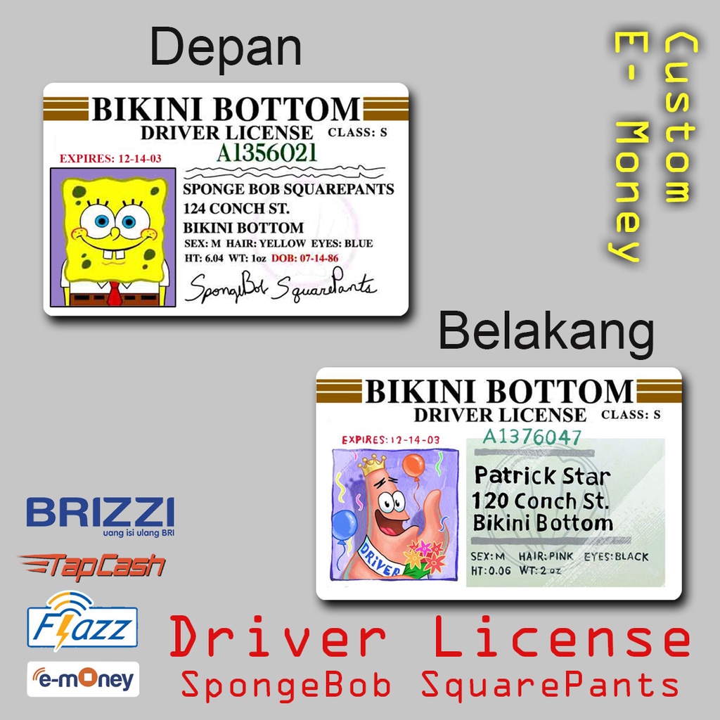 Emoney Flazz Brizzi Tapcash E-Money Custom Edisi Driver License SpongeBob &amp; Patrick