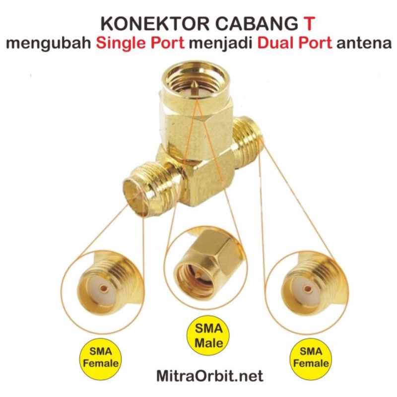 Konektor Cabang T SMA Male to Dual Female For Antena Huawei Orbit Star 2