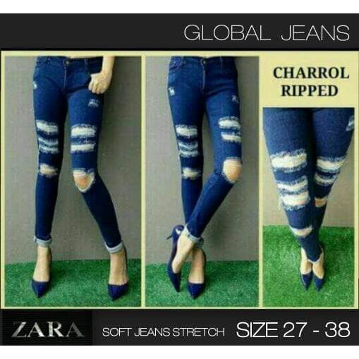 PREMIUM Celana Jeans ZARA Blue Ripped Charrol / Jeans Biru Sobek Wanita TERMURAH