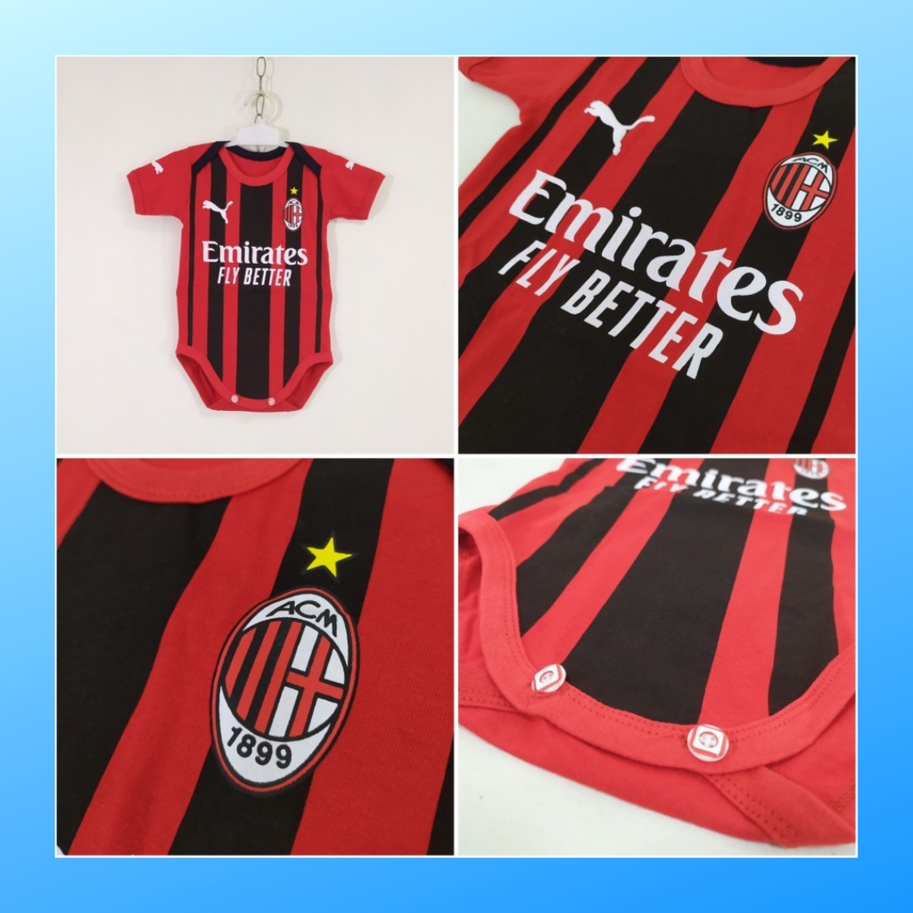 Jumper bayi newborn milan baju kodok kaos sepak bola fashion katun jumpsuit pakaian anak romper jersey sport outfit apparel club baby terusan bodysuit merah salur