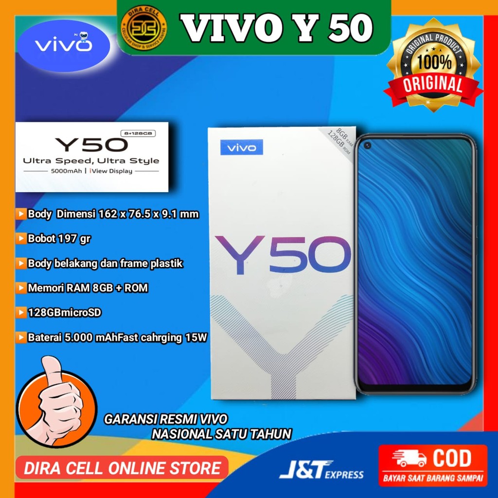 Hp hanphone handphone Vivo Y50 ram 8 rom 128 hape baru garansi resmi vivo 1 tahun nasional