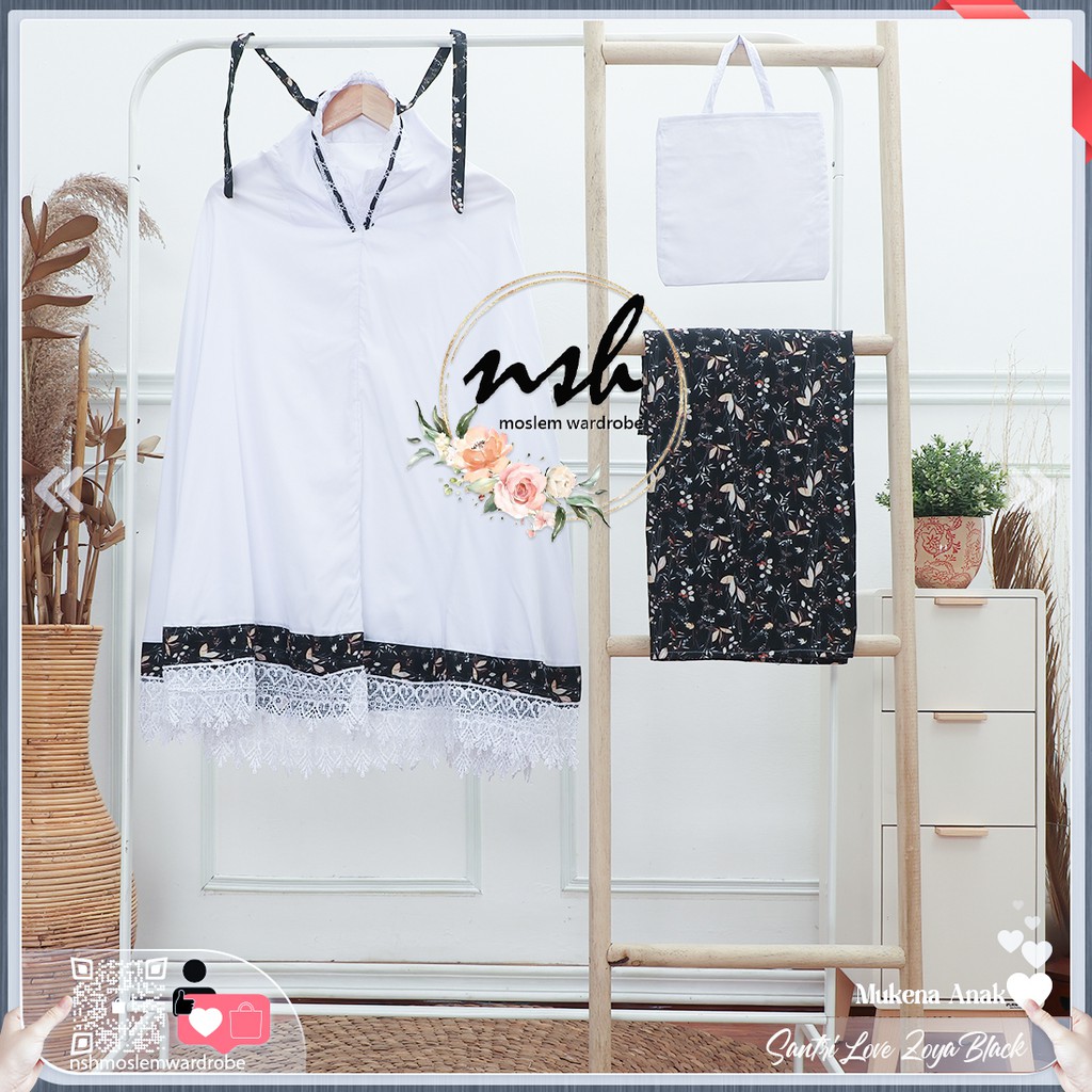 [𝓷𝓼𝓱] Mukena Anak Katun Jepang Santri Renda Love (Muat Hingga Ukuran Tanggung)-Zoya Black