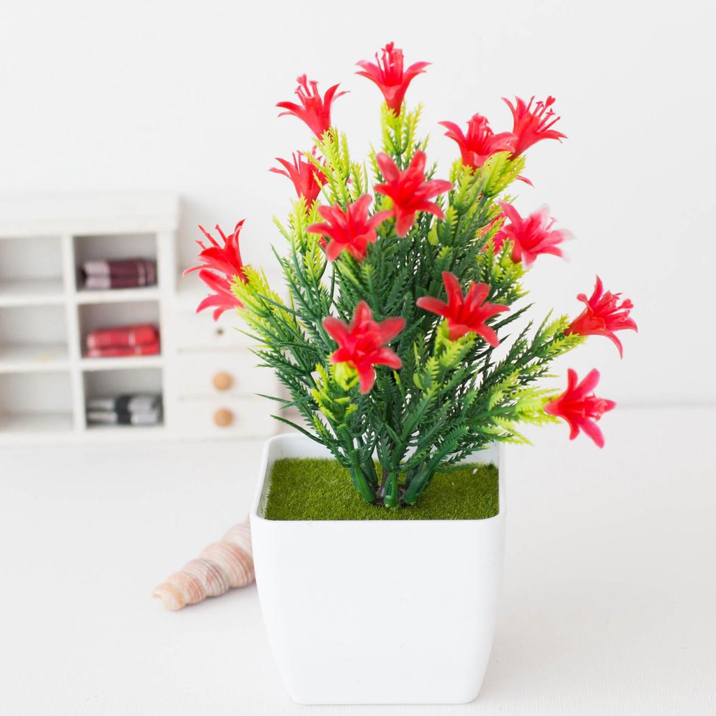 AM816 Bunga Plastik / Pajangan Bunga Artificial / Vas Kecil Segi4-Merah