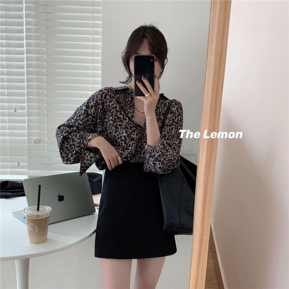 Leopard print kemeja setelan wanita kemeja longgar rok dua potong set