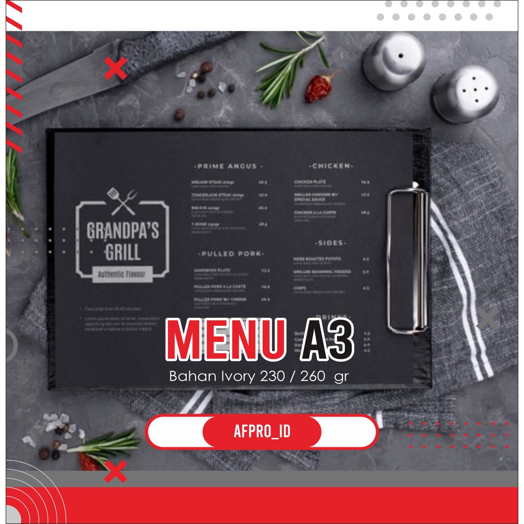 

CETAK MENU UKURAN A3 / A3+ IVORY 230/260 GRAM