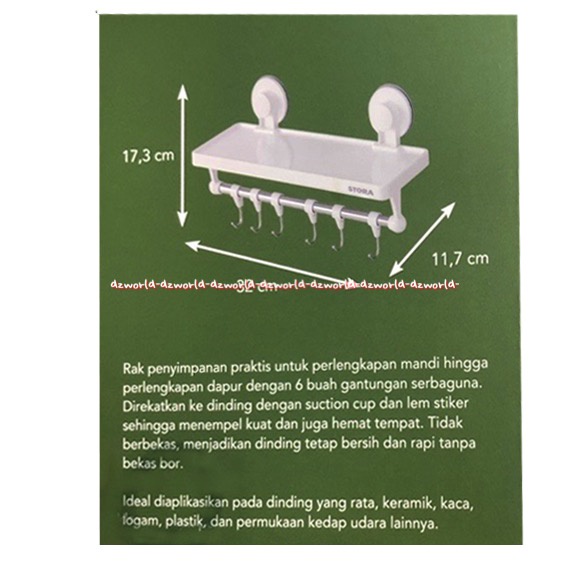 Stora Suction Shelf With 6 Hooks Rak Dengan 6Gantungan Tanpa Paku