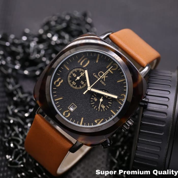 Jam Tangan Pria / Cowok CK Segi Chrono Leather Brown Black