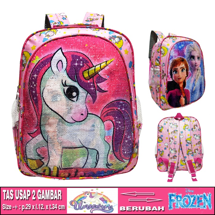 APPA Tas Ransel Anak Prempuan Sekolah  TK/SD Sequin Usap 2 Gambar Berubah Karakter  UNICORN - FROZEN Terbaru