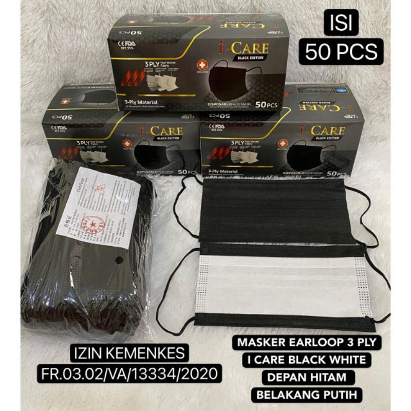 Citra Gardens Masker Isi 50 Earloop Hitam Dalam Putih Black And White Cantol Kuping Merk Icare I