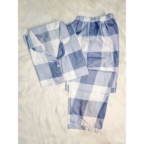 Baju Tidur Piyama Wanita/Cewek Pajamas Dewasa Katun Motif Daun-CP EMILY BLUE