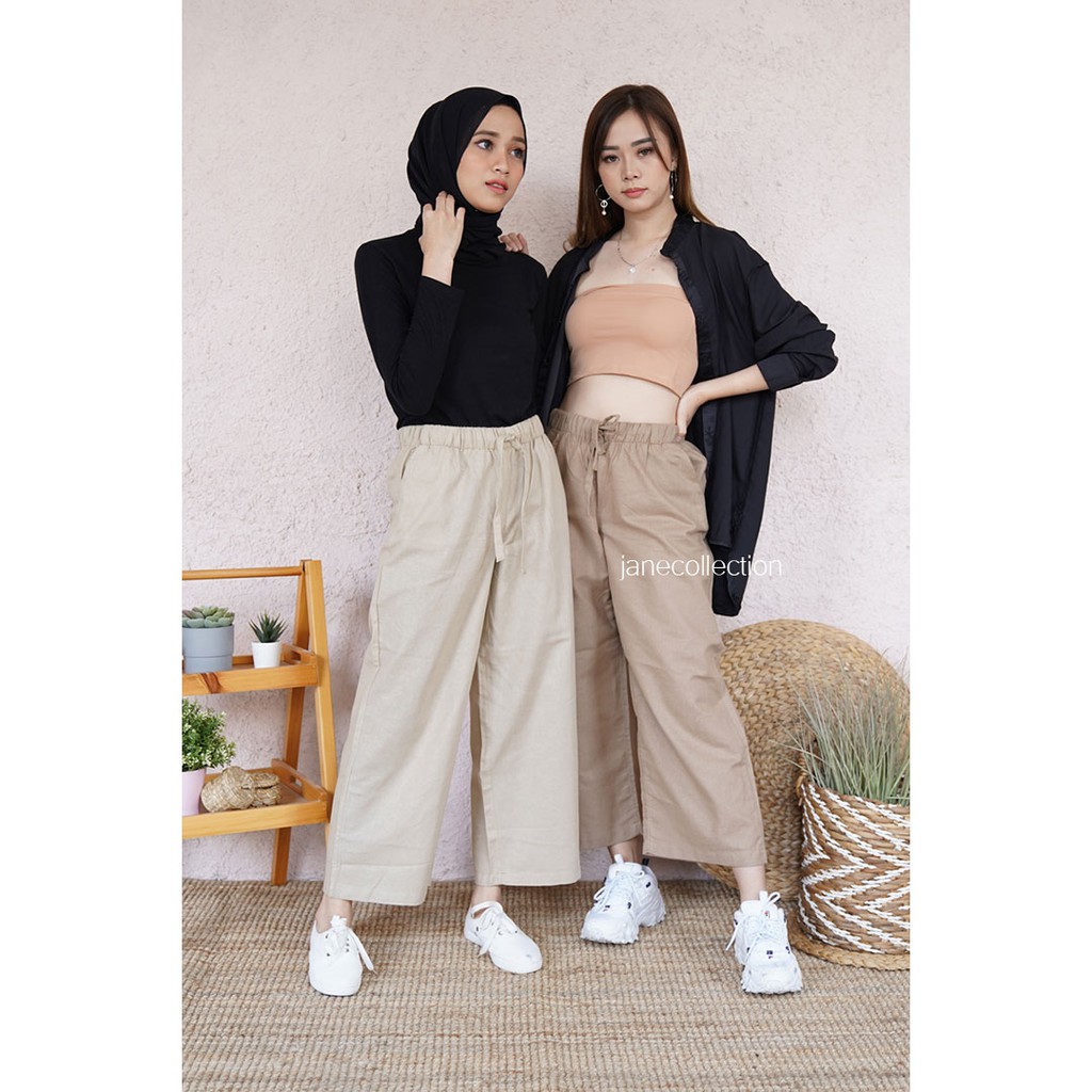 JANE COLLECTION | Celana Panjang Kulot Wanita Kerja Linen Rami Bianca Pants High Waist Cullote Hitam