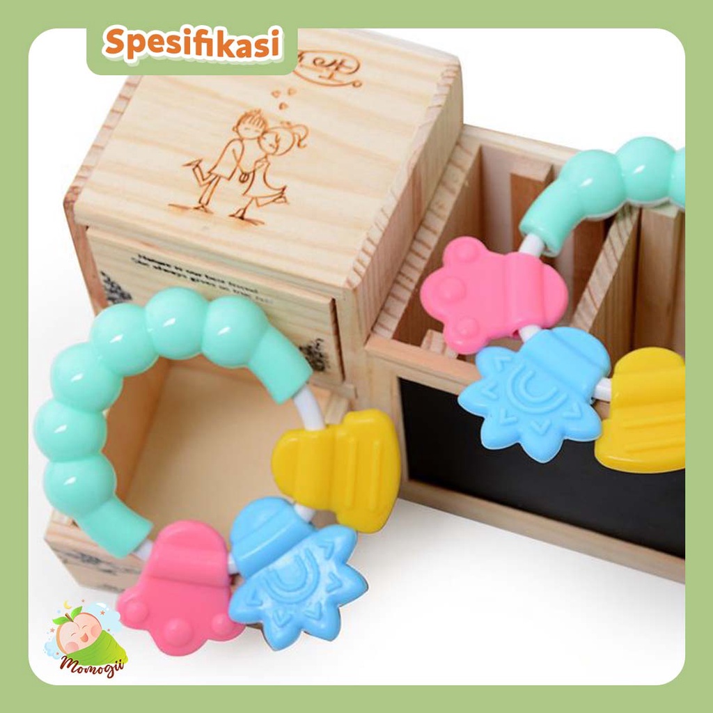 MOMOGII Mainan Gigitan Bayi Teether Berbentuk Sangkar dan Gelang Bisa Jadi Rattle