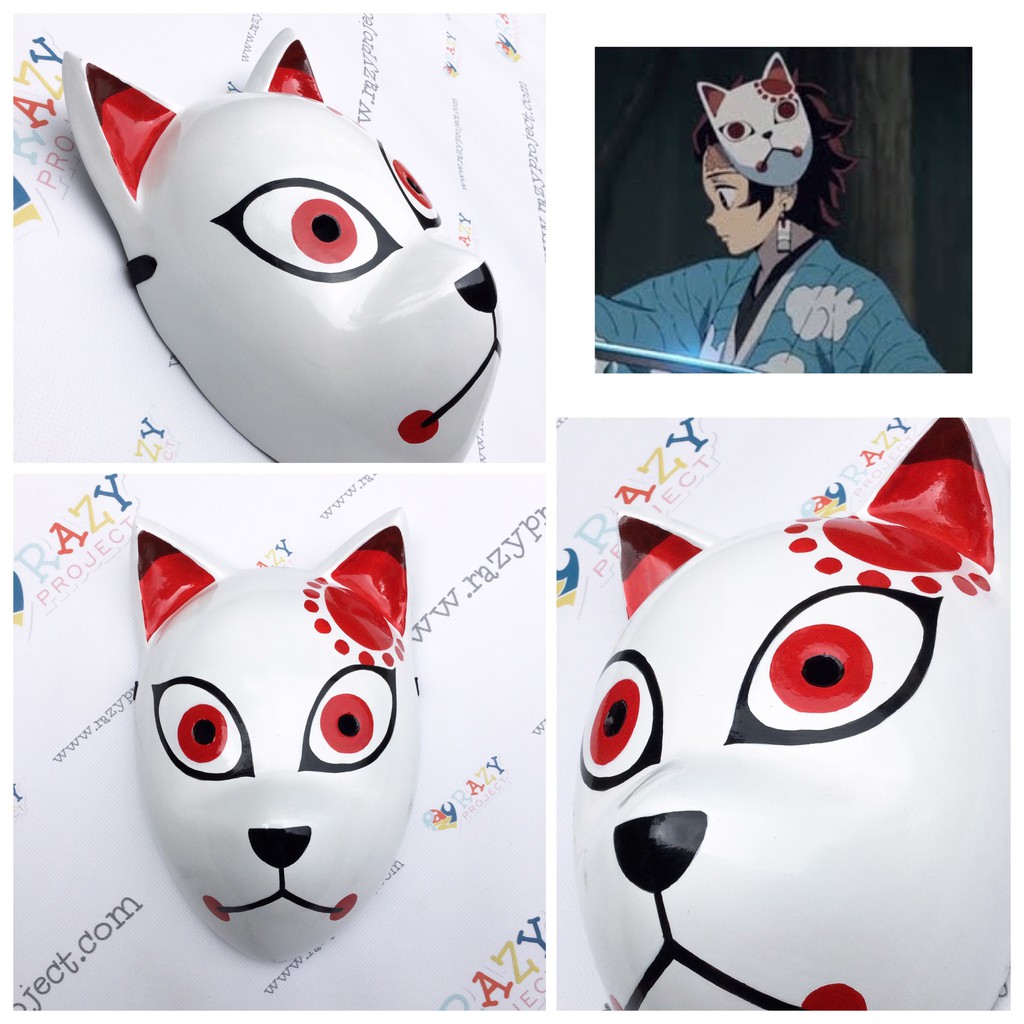 Tanjiro Kamado Kimetsu No Yaiba Kitsune Fox Rubah Mask Topeng Kayu 0229