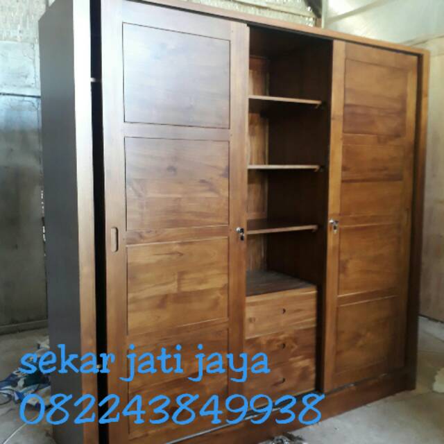Lemari pakaian jati jepara wardrobe minimalis pintu 3 sliding