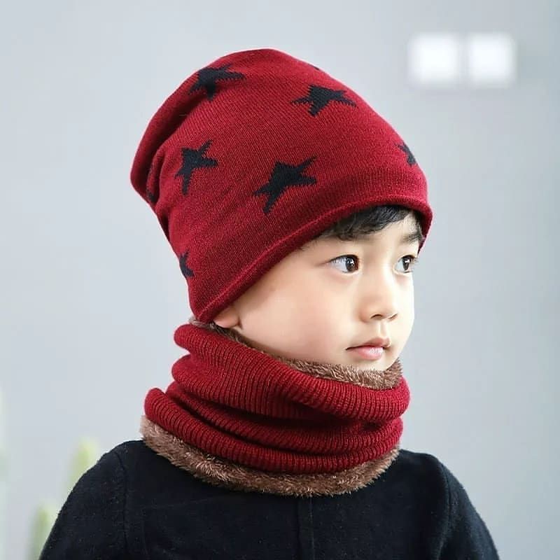 Winter Knitted Beanie Pompom Scarf Set Kids Fur Inside / Topi Kupluk + Syal anak