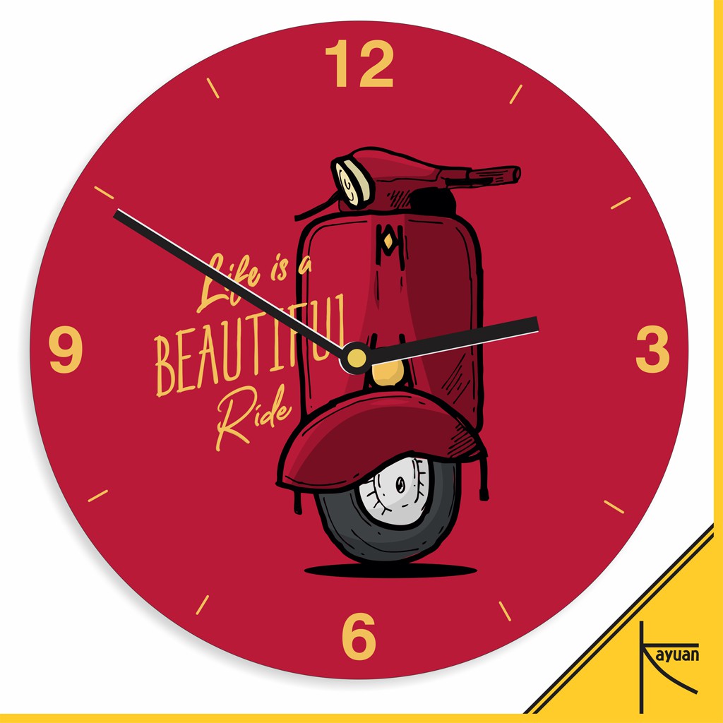 Jam Dinding Kayu Red Scooter Hiasan Rumah Motor Vespa Shabby Chic - Red Scooter