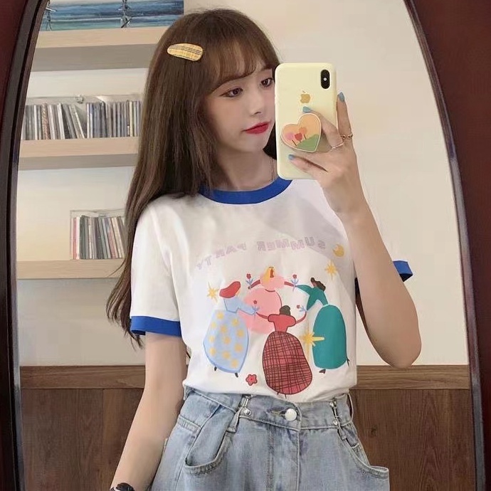 yikoo-Kaos wanita korea t shirt colorblock gaya atasan print katun