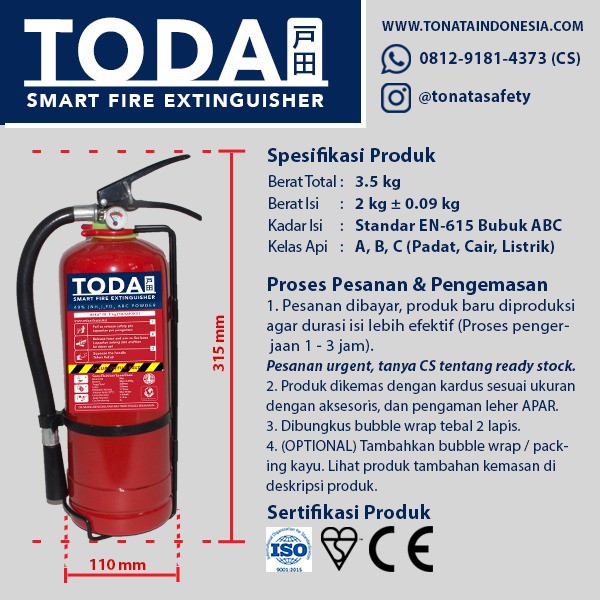 APAR 2 kg / Pemadam Api 2kg / Set Komplit TODA by TONATA Fire Extinguisher