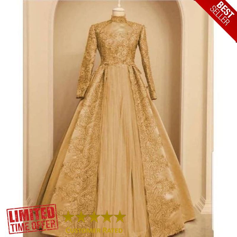 MURAH baju pesta mewah gamis nuraini gold xl brukat gaun remaja nur ta