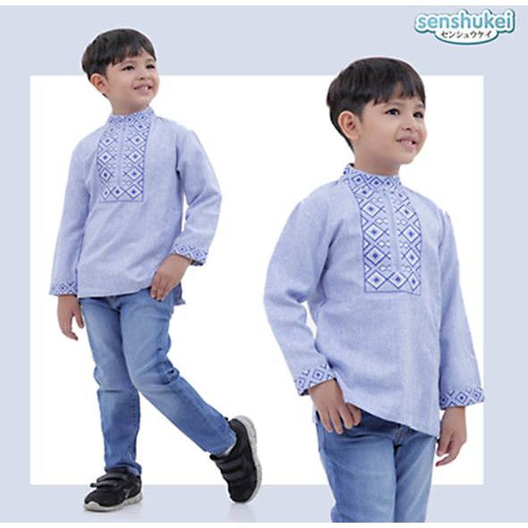 Baju Koko Anak Cowok Biru Corak Set 2in1