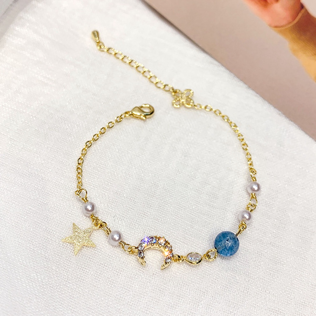 Hu Hu Hu Hu Hu Alat Bantu Pasang Kacamata♡ Gelang Rantai Tipis Adjustable Dengan Charm Bintang + Bulan + Mutiara Imitasi Untuk Pasangan