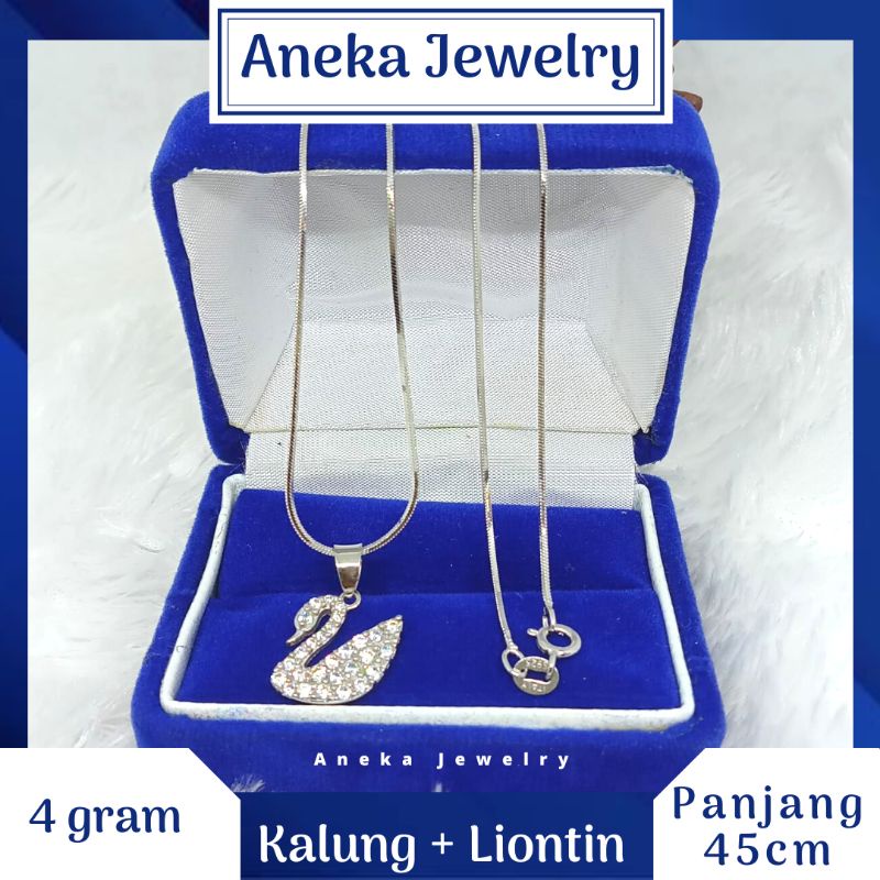 Kalung Cassandra + Liontin Angsa Mata2, Perak 925, Lapis Emas Putih