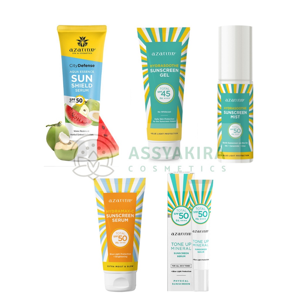 Azarine Hydrashoothe Sunscreen Gel SPF45 PA+++ | Azarine Aqua Essence Shield SPF50 PA++++ | Azarine Hydramax-C Sunscreen SPF50 PA++++ | Azarine Tone Up Mineral Sunscreen SPF50 PA++++ | Azarine Hydrasoothe Sunscreen Mist SPF50 PA++++