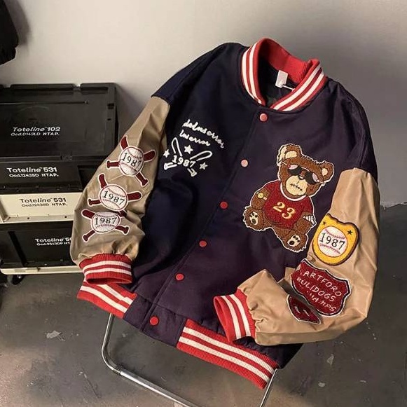 Jaket Baseball Varsity - Jaket Varsity Baseball Pria Wanita Kamikaze Jepang Fullprint-Navy Bear