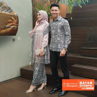 Image of WOU BATIK - Kebaya Batik Couple Kondangan Atika Brokat Tille Sarimbit Modern Kemeja Pria Lengan Panjang Size M,L,XL