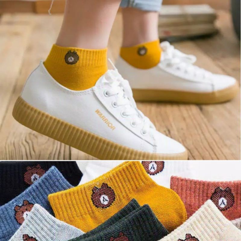 Kaos Kaki Fashion Unisex Motif Line Beruang Brown | Kaos kaki Wanita Pria Termurah