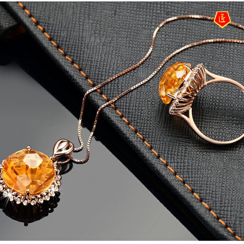 [Ready Stock]Colored Gems Citrine Ring Set Rose Gold Pendant